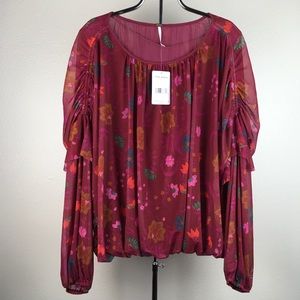 Free People Berry Combo Balloon Sleeves Top NWT L